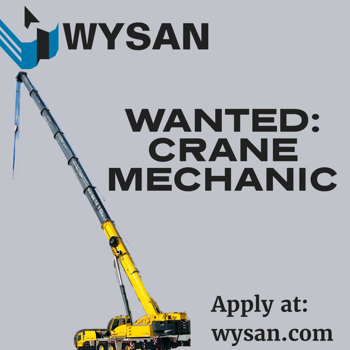 🚧 Join Our Team as a Crane Mechanic! 🛠️
Are you a skilled crane mechanic looking for an exciting opportunity? Join the Wysan team and earn great pay and benefits!
Learn more and apply at wysan.com

#NowHiring #CraneMechanic #MechanicJobs #CraneServices  #Job