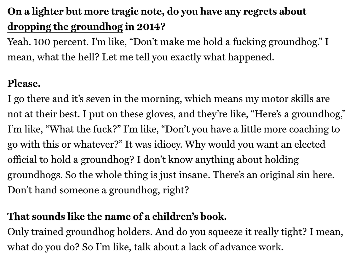 am absolutely losing my mind at Bill de Blasio FINALLY speaking out about dropping that groundhog (which died several days later) in 2014.

'I put on these gloves, and they’re like, 'Here’s a groundhog,' I’m like, 'What the fuck?''