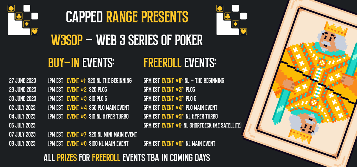 Calling all Web3 poker players! 

Today, we are excited to announce the W3SOP!

In the coming days, we will share info about registration (buyin &amp; freeroll) as well as prizepools, so stay tuned. 

Like, RT, &amp; tag 3 friends that like poker to lock up your seat to the first event!