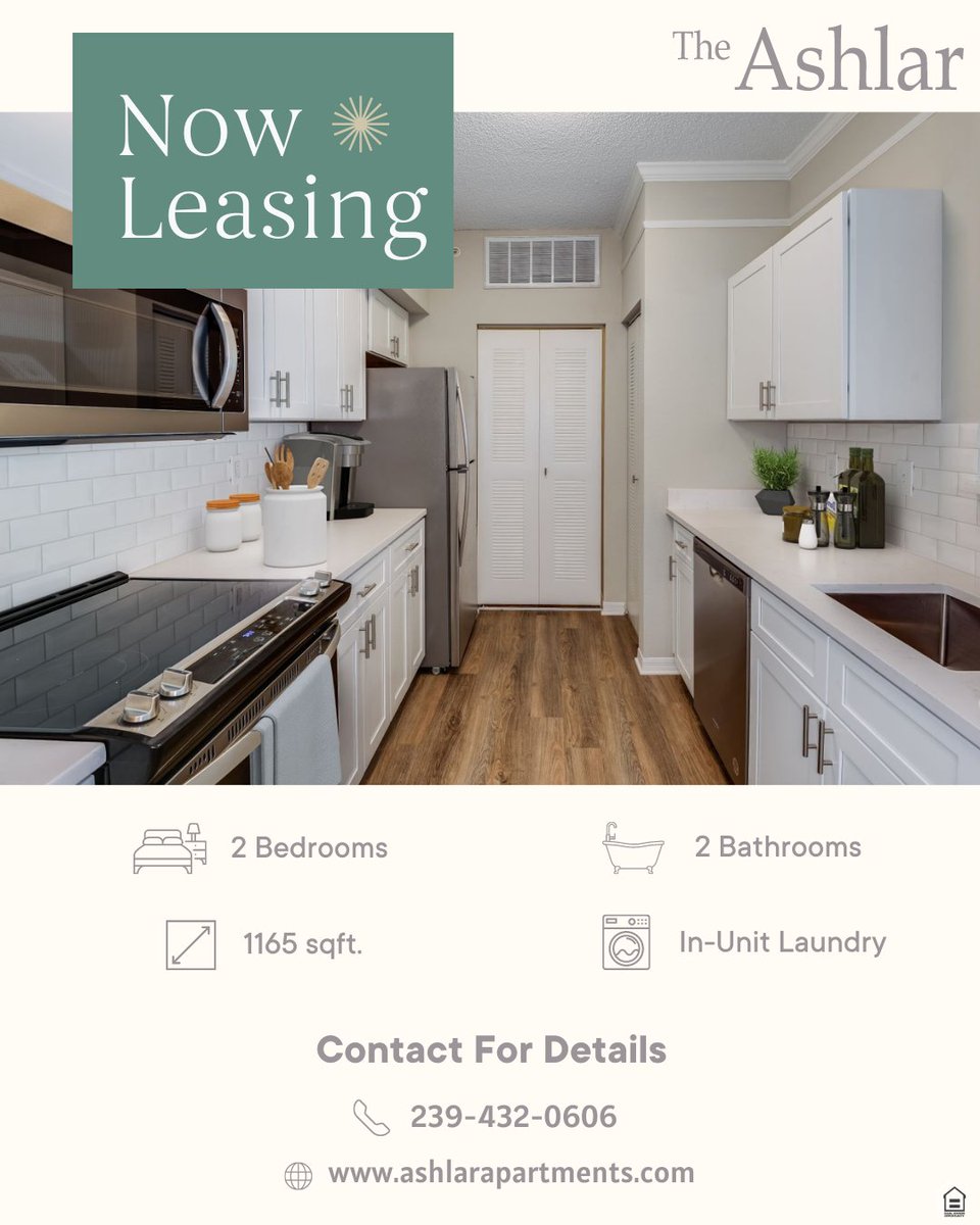 AshlarFl's tweet photo. Don't miss out on this spacious and well-appointed  2 Bedroom/2 Bath available for immediate move-in. Welcome home to The Ashlar!

Call or visit us online today.

#TheAshlar #LuxuryRentals #FortMyers https://t.co/ZTZy2w3DJT
