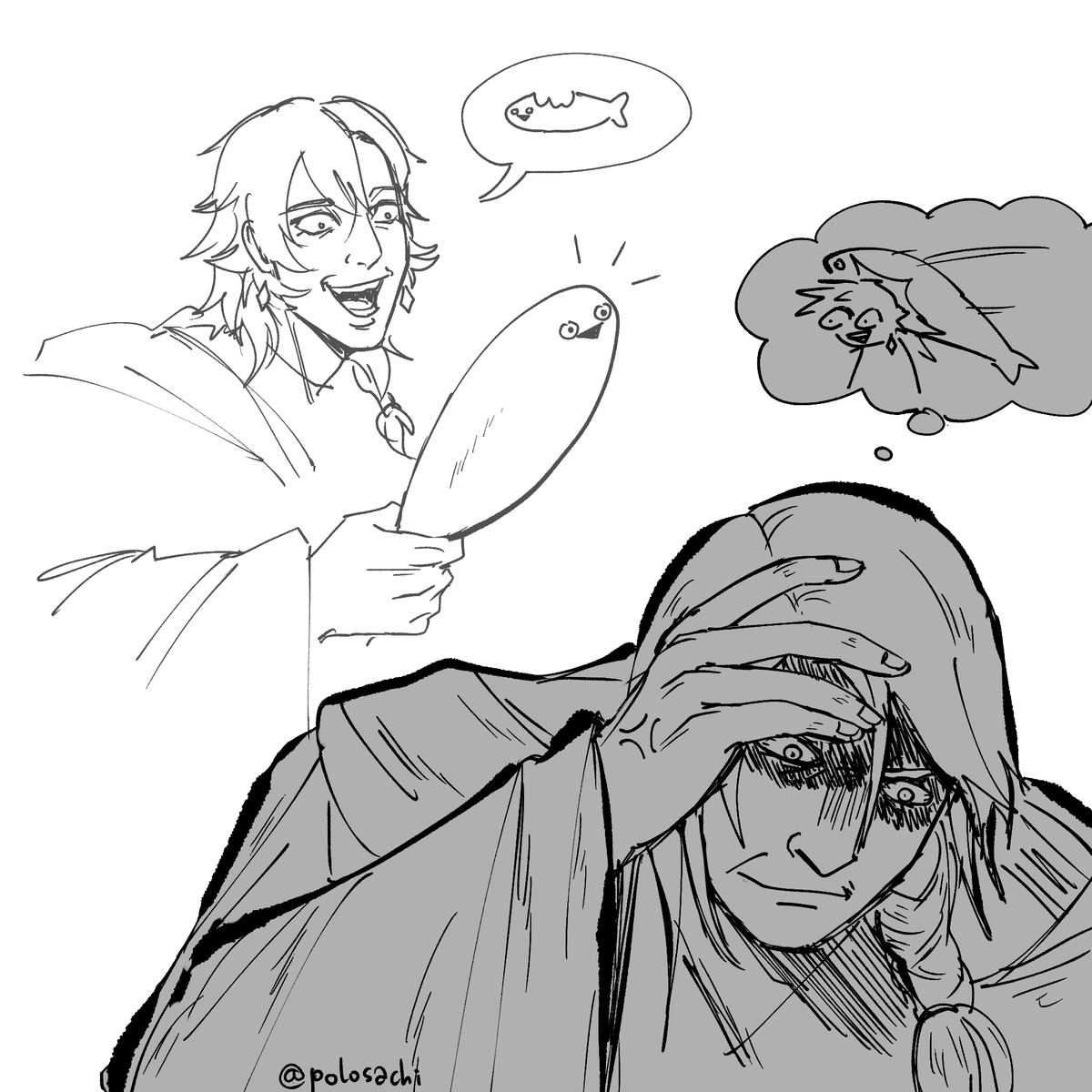 polosachi's tweet photo. Odysseus is the enabler of cursed fish concepts and Hyth's personal headache because he is trying to invent a snack https://t.co/qUS5pT1X1e
