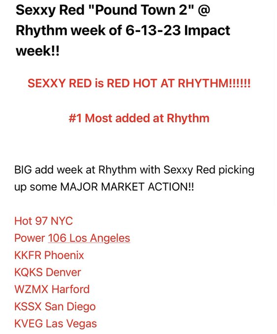 So lemme get this str8. After being #1 added to urban, Sexxy RED is now #1 added to Rhythmic radio w|#PoundTown2