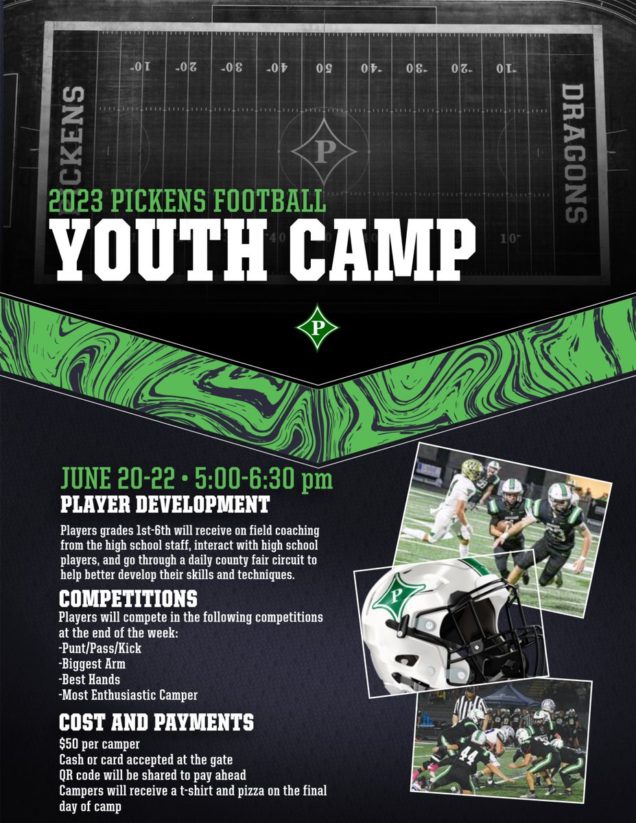 Dragon Fans: our 2023 Youth Football Camp is coming up next week! We look forward to hosting all of our future Dragons that will be headed to 1st-6th grade. Camp will be help on June 20, 21, and 22 from 5:00-6:30 pm.  Can't wait to get to work with all of these guys soon!