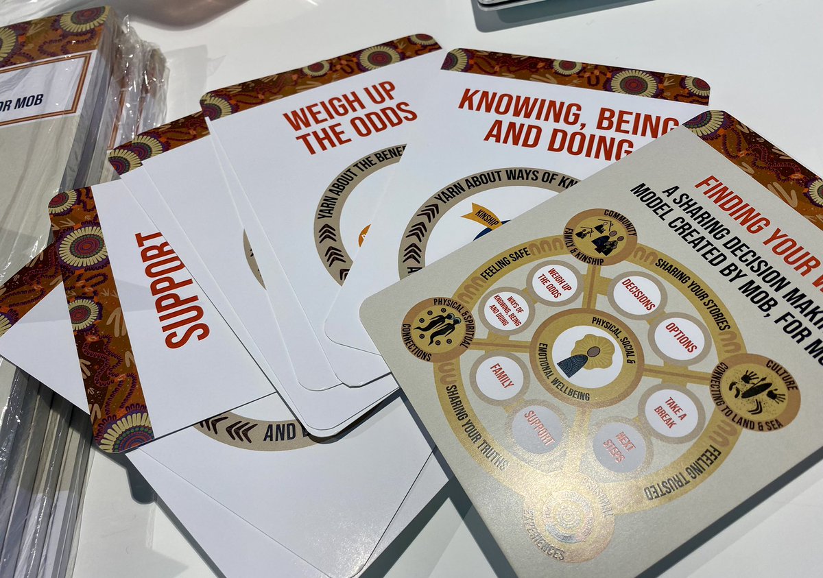 Hey all you #Lowitja2023 mob! Interested in Shared Decision Making? Come along for our yarn at 3pm in M5 and grab a chance to get yourself a set of these deadly yarn cards #sdm4mob