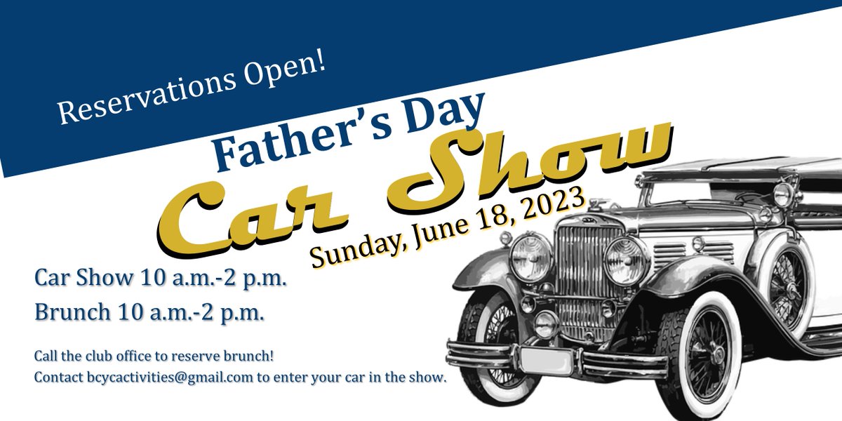 BCYClub's tweet photo. Celebrate all the great dad's out there this Father's Day by bringing them to the BCYC Father's Day Brunch &amp; Car Show!📷📷 Enjoy an amazing brunch with some of the coolest presentation of cars in town in the BCYC parking lot.
#bcycstrong
#FathersDay #carshow https://t.co/TtiZg2fArR