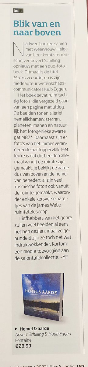 fijne recensie (door <a href="/ScienceYannick/">Yannick Fritschy</a> in <a href="/NewScientistNL/">New Scientist NL</a>) van het boek 'hemel &amp; aarde' dat ik samen schreef met huub eggen (@phi48) <a href="/FontaineBoeken/">Fontaine Uitgevers</a> (ff uitklappen)