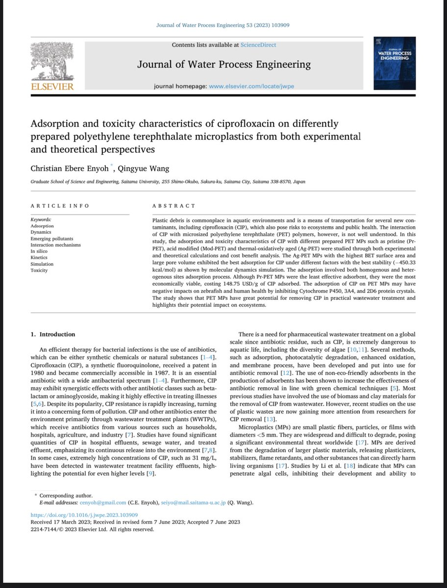 Adsorption and toxicity behavior of PET microplastics for Ciprofloxacin #phd #AcademicTwitter #PlasticPollution #phdvoice

authors.elsevier.com/a/1hFS57taLYTa…