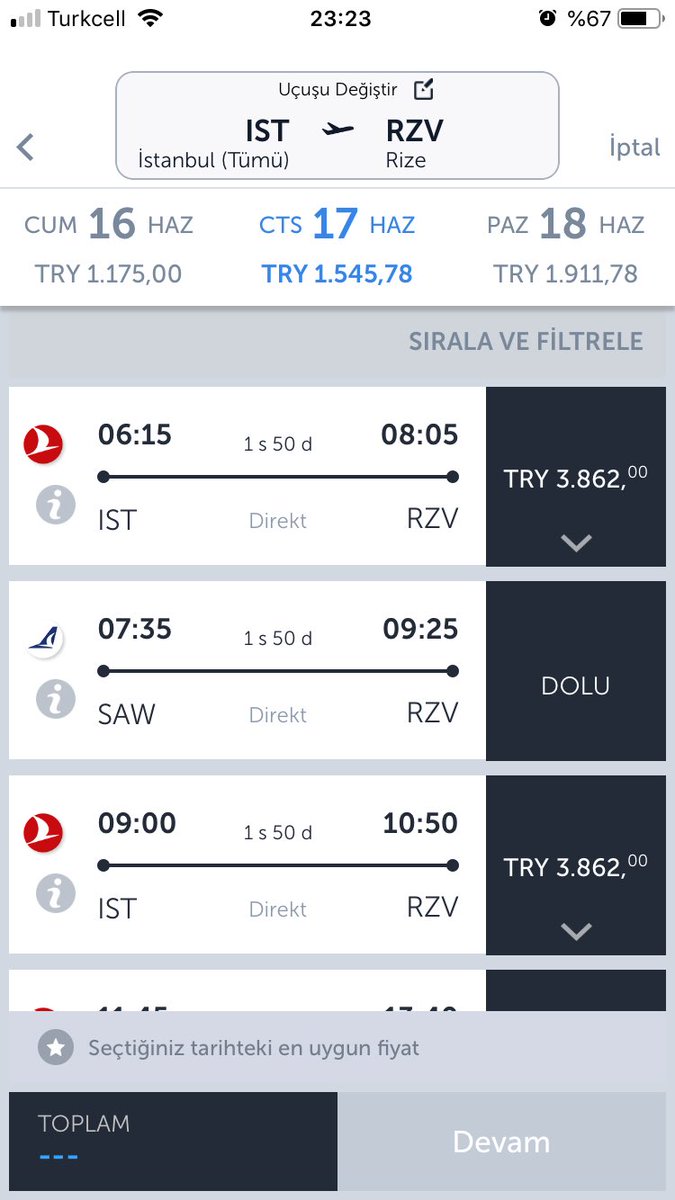KandemirFth's tweet photo. Aynı gün içindeki THY uçuşlarında taban fiyat Trabzon’a 914,
Rize’ye 1545 lira.

Merak ettiğim konu ise bu iki havalimanı arası 100km mesafedeyken, nasıl olurda Rize’ye bilet %60 daha pahalı olur? @TurkishAirlines @A_Uraloglu @OA_BAK @tahsinocakli @ismailsaymaz https://t.co/GtSWkpazZl