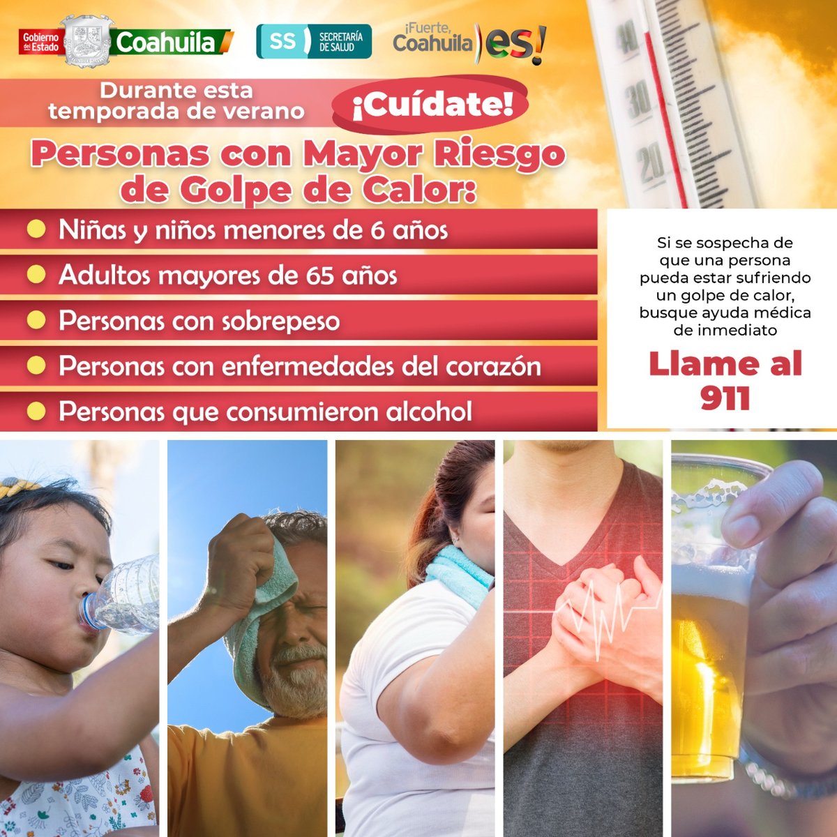 El golpe de calor, por exposición a altas temperaturas, se presenta con mayor frecuencia en niños, adultos mayores, personas con sobrepeso o enfermedades del corazón y ante el consumo excesivo de alcohol. Este debe atenderse urgentemente o reportando al número de emergencias 911.