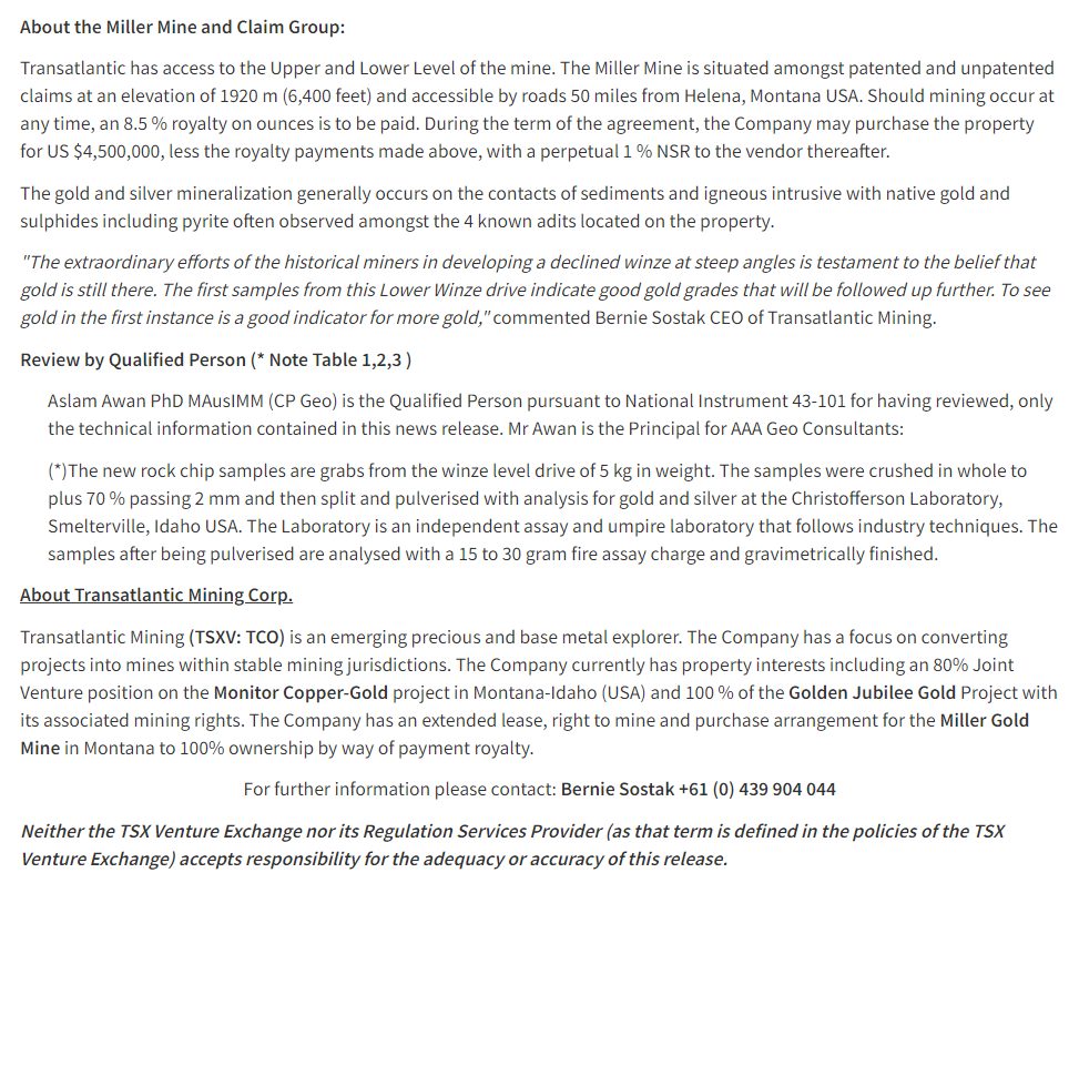 transatlantic_v's tweet photo. Transatlantic Mining: Extension and Execution of First Renewal Term, New Assays Received of 27.6 g/t Au at the Miller Gold Mine

https://t.co/oSPTCGTONU

#Gold #GoldExploration #GoldMine #Montana #OTCQB #TSXV #USA #Canada #Stocks #Mining #TCO #TRRGF #AU  $TMSA.FR $TCO.V $TRRGF https://t.co/bcovfgJkv8