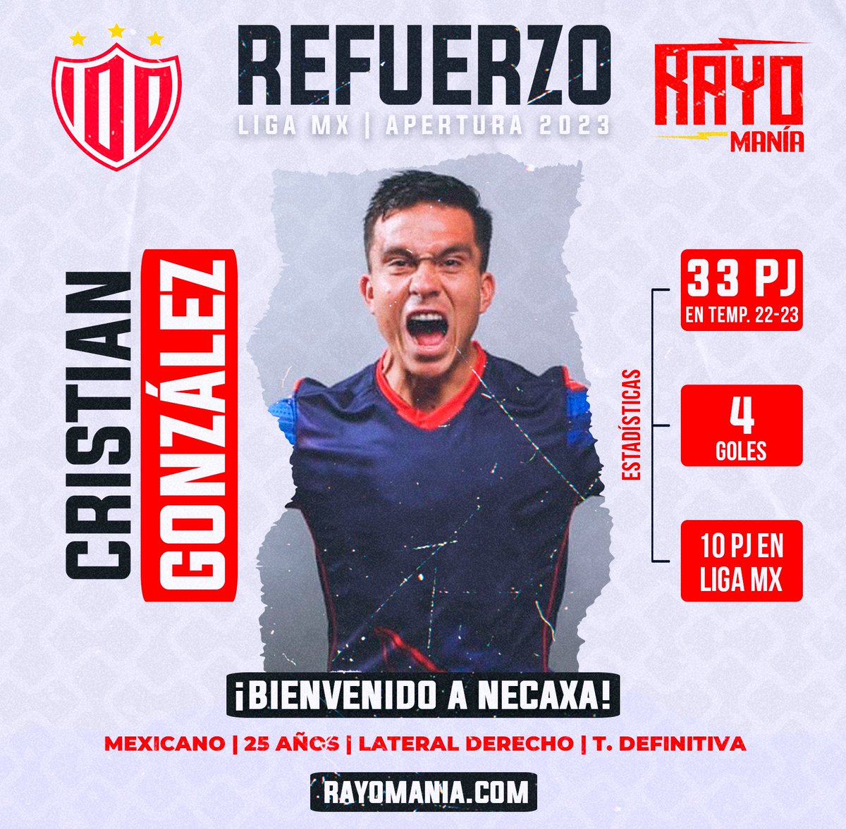 RayomaniaNecaxa's tweet photo. 🚨| Procedente de Tepatitlán FC, Cristian González es la séptima incorporación de @ClubNecaxa para el Apertura 2023.

#FuerzaRayos⚡️ https://t.co/yc8KzHN95a
