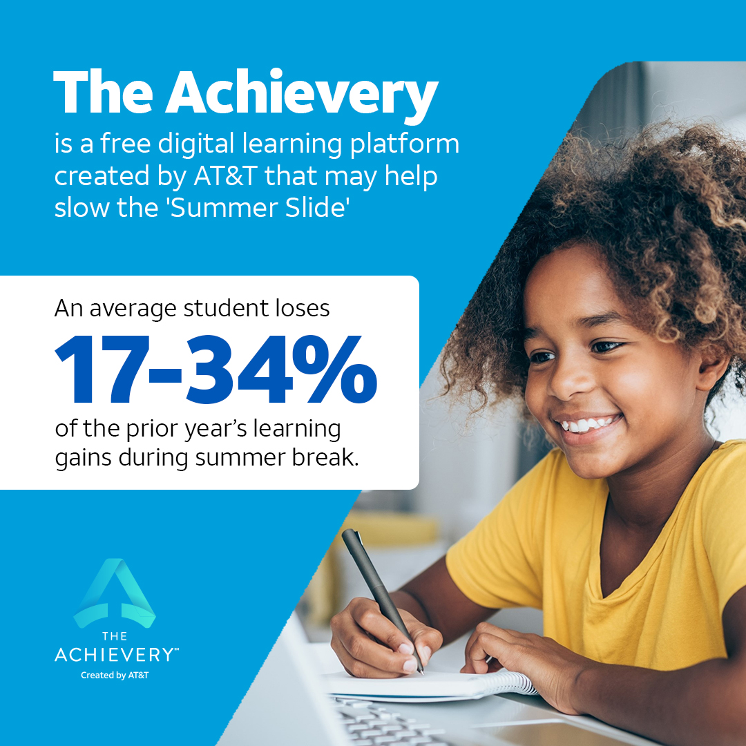 ‘Summer Slide’ or ‘Summer Learning Loss’ refers to the amount of knowledge students lose between grade levels during summer break. #TheAchievery, AT&T’s free online learning platform, may help students combat this summer learning loss. Learn more: about.att.com/story/2023/sum…