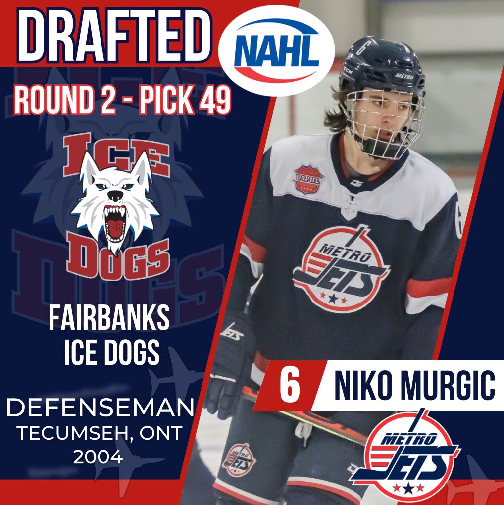 Congrats to former #MetroJets defenseman Niko Murgic on his selection today in the 2023 NAHL Draft!

The second-round pick of Fairbanks was a key piece on the Jets’ 2021-22 team that made it to the national championship game.

Congrats Niko! 

#OnceAJetAlwaysAJet ✈️