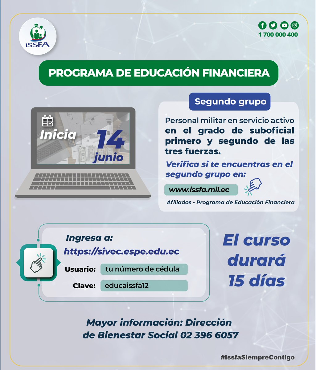 ISSFA_ECUADOR's tweet photo. 💰 ¿Sabías que el ahorro es el elemento fundamental de tus finanzas personales?
Programa de Educación Financiera Issfa - Grupo 2
📌 Verifica si te encuentras en este grupo ➡️ https://t.co/NxKQxkdPNN
📌 Ingresa a través de ➡️ https://t.co/8RKxHC0EWl
#IssfaFuturoSeguro https://t.co/0AQRWS1SP2