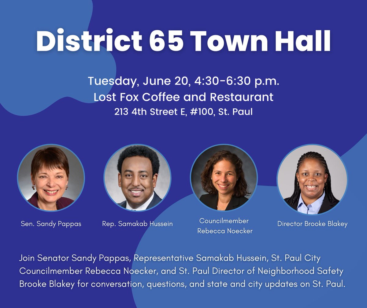 Join Councilmember Noecker, Representative Hussein, Neighborhood Safety Director Brooke Blakey, and I at Lost Fox Coffee and Restaurant on Tuesday, June 20th 4:30-6:30pm! We will be available to answer questions, have conversation, and give state and city updates on St. Paul.
