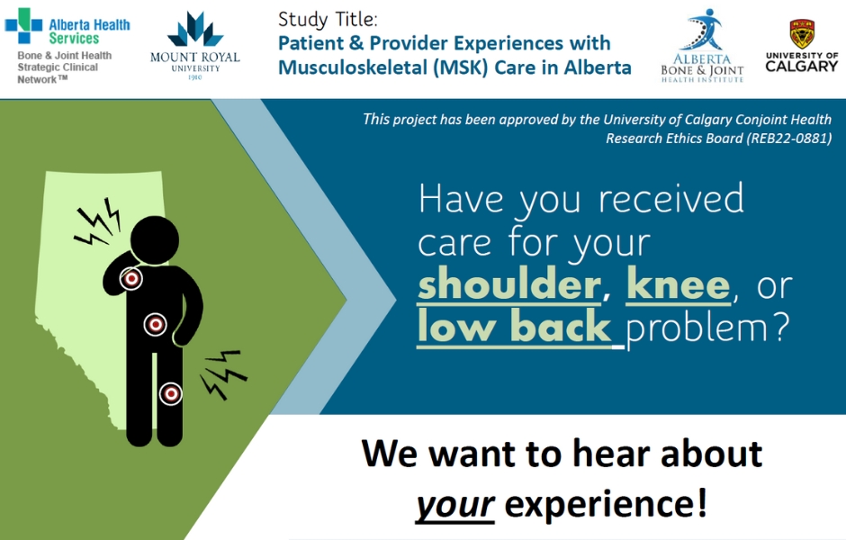 Have you received health care for low back, knee or shoulder problems in Alberta? We want to hear about your experience! Please visit the link to participate in helping MSK healthcare in Alberta: redcap.link/x3imwbf6 #alberta #albertahealth #msk #ABJHI