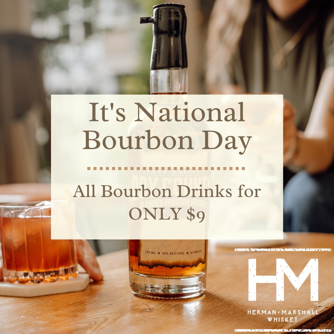 HMWhiskey1's tweet photo. Happy National Bourbon Day folks! 🥃🎉
-
If you’re not celebrating today at the tasting room with $9 bourbon cocktails or #HermanMarshall Dry County Blended Bourbon in hand…are you really celebrating?🤔 https://t.co/xBx7t7We8s