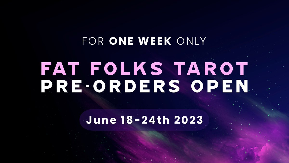 Mark your calendars!!!

 If you missed out on Fat Folks Tarot during funding, we're doing a very special 🔔ONE WEEK ONLY🔔pre-order event!

Your absolute last chance to order a Fat Folks Tarot deck will be June 18th thru 24th. 

We'll share a link here when the sale goes live!