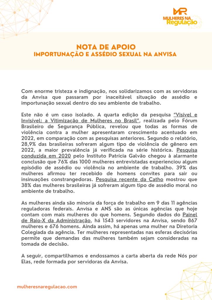 MulheresAnvisa's tweet photo. Nota de apoio às servidoras da Anvisa emitida pelo grupo Mulheres na Regulação. Juntas somos mais fortes! https://t.co/N0gLadJukg