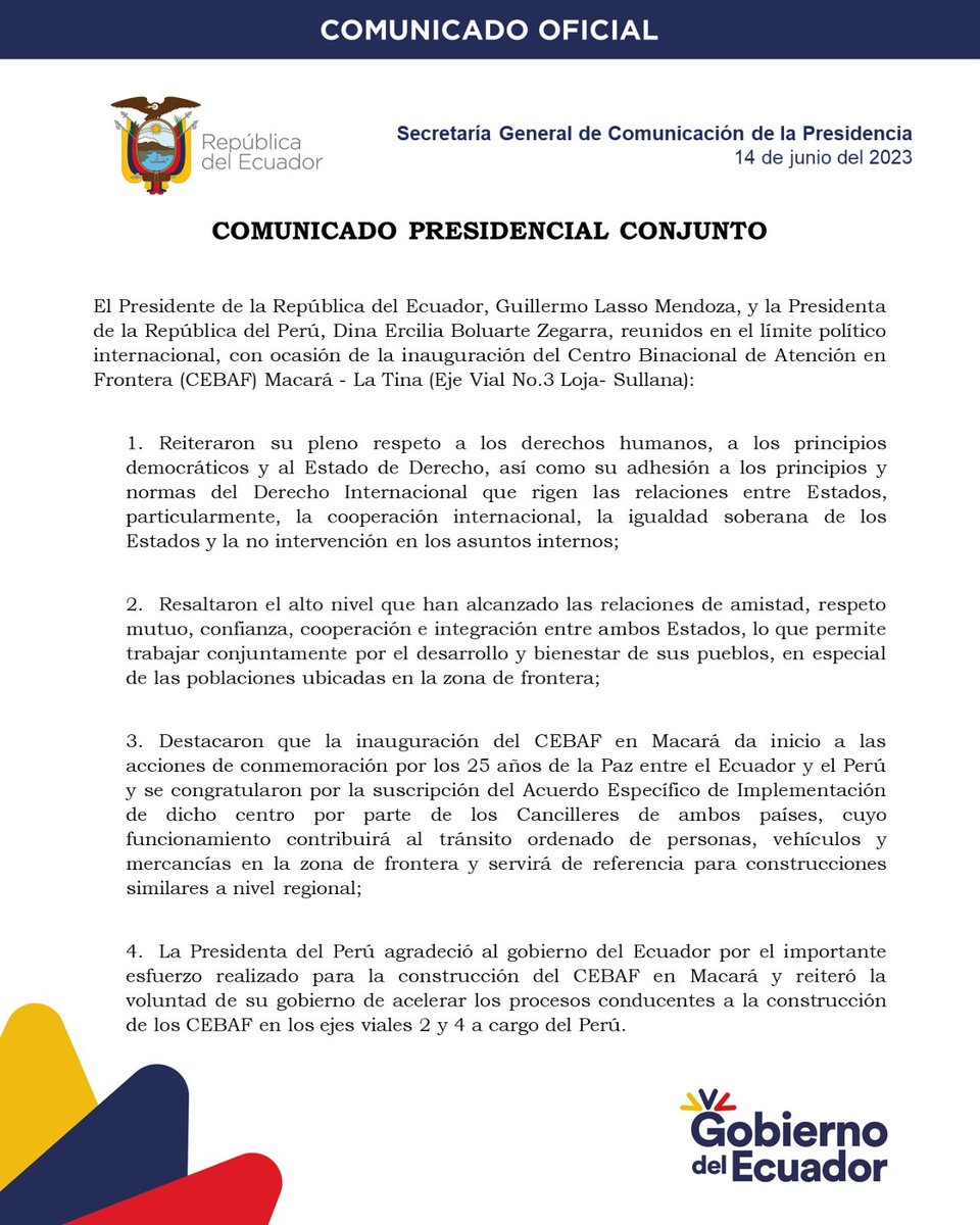 🔴#AHORA | El presidente <a href="/LassoGuillermo/">Guillermo Lasso</a>, junto a la canciller de #Perú Ana Cecilia Gervasi, y otras autoridades del Gobierno, inauguraron el centro Binacional de Atención Fronteriza en #Macará, provincia de Loja. En el evento se reiteró el compromiso entre ambas naciones.