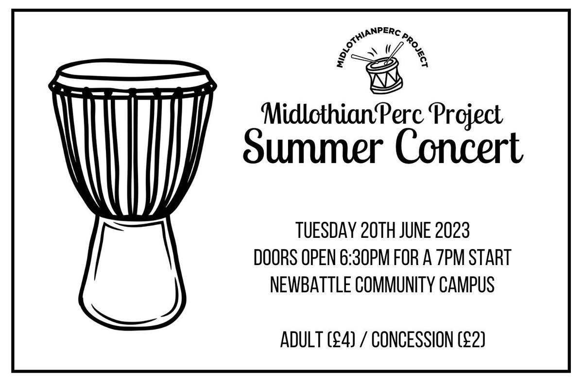 MidlothianPerc's tweet image. The #MidlothianPercProject Summer Concert
Tuesday 20th June @ 7pm
Tickets: £4 Adult/£2 Conc. cash on the door

Teas &amp;amp; Coffees available

#MidPercTraining #MidPercEnsemble