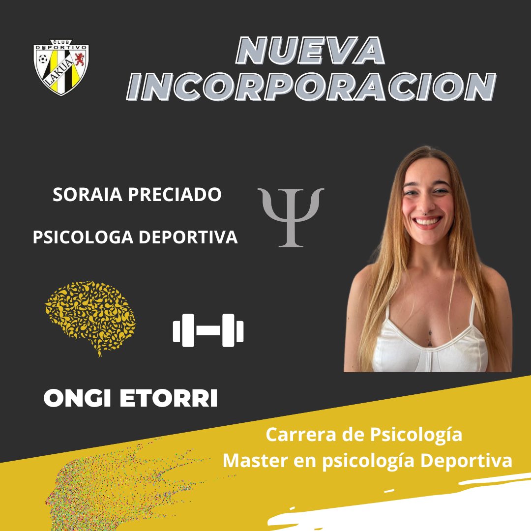 cdlakua's tweet photo. 🚨 NUEVA INCORPORACIÓN 🚨

Queremos dar la Bienvenida a Soraia Preciado, Psicologa con master en Psicología Deportiva. Nos ayudará en el club de cara al ambito deportivo y social en integracion deportiva.

Ongi etorri Soraia https://t.co/jEB27MCZ6q