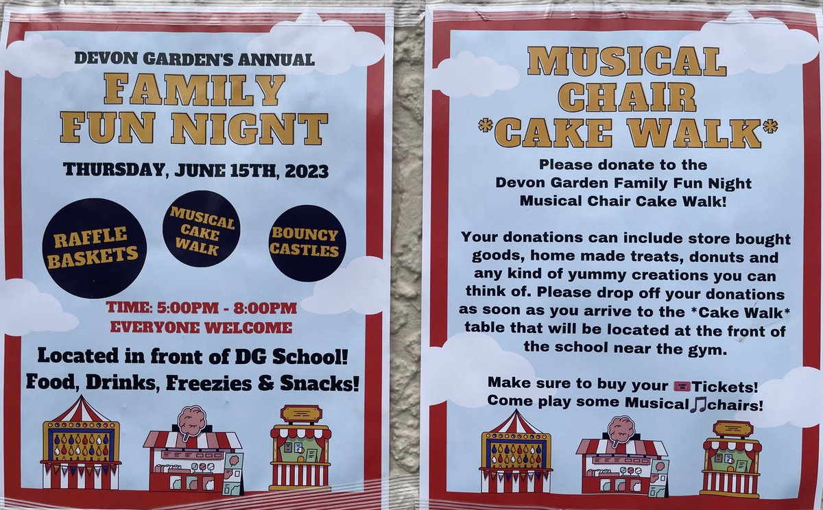 This #Thursday June 15, join us for #FamilyFunNight #FFN ⁦<a href="/DGElem/">Devon Gardens Elem</a>⁩ 5PM to 8PM! #Family games, fun and food. #RaffleBaskets #MusicalCakeWalk #BouncyCastles           If you own a business donations are still welcome by contacting the Parent Advisory Committee.