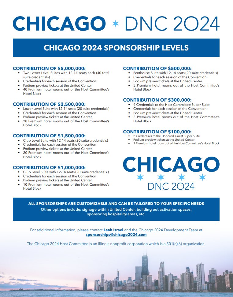 * To be a 'founding member,' you have to donate your $1M (for corporations)/$300k (for individuals) to the @DemConvention Host Committee in Chicago before Labor Day.

But there are plenty of other contribution packages for those who donate later, all the way up to the $5M+ level.