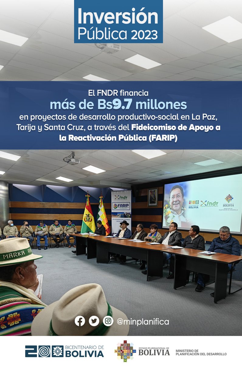 minplanifica's tweet photo. (Hilo) | 📢 ¡Gran noticia! Con recursos del Fideicomiso de Apoyo a la Reactivación Pública #FARIP, se firmaron contratos de financiamiento que superan los Bs.9,7 millones. Estos contratos beneficiarán a los municipios de Padcaya, Fernandez Alonso y el municipio de #LaPaz 🏙️. https://t.co/Yleyi3DUr7