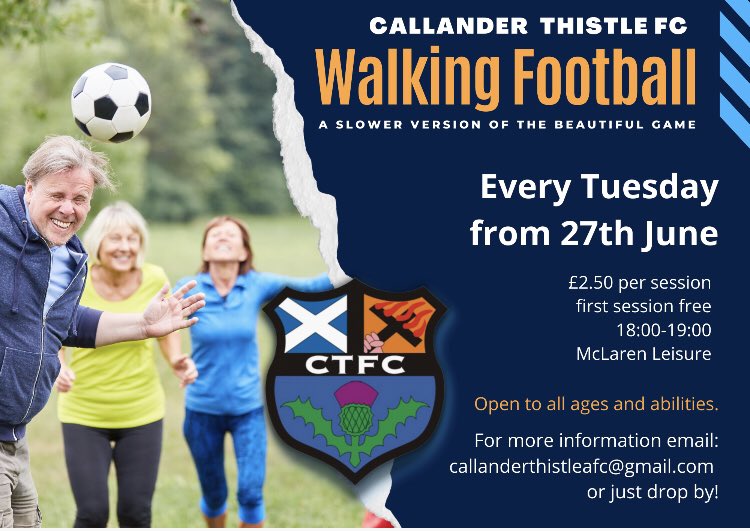 The newest addition to our ever growing football club…..Walking Football!! Every Tuesday 6-7pm starting 27th June @mclarenleisure 3G ⚽️⚽️⚽️All welcome ⚽️⚽️⚽️ @WalkingFootScot @ScotFACentral @CaledonianAFA @TrossachsTeith @TheBenLediView