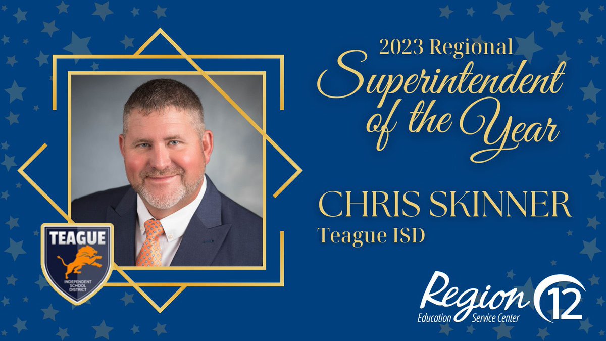 escregion12's tweet photo. 🥁🥁..the 2023 Region 12 Superintendent of the Year is @TeagueISD Superintendent Chris Skinner! 

👏Congratulations to this leader known for his unwavering dedication, forward-thinking decisions &amp; positive interactions with students, staff &amp; community. 

https://t.co/5UZOBQHlly https://t.co/hTSsP0eUTX