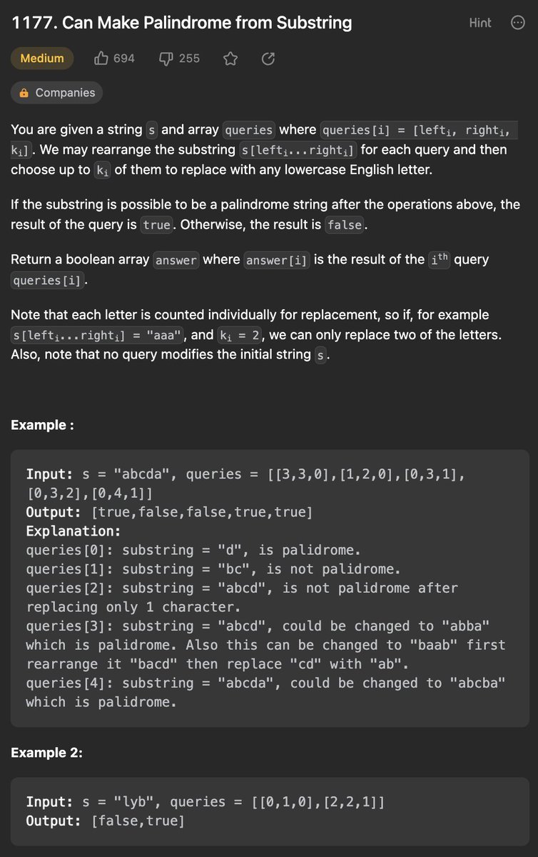 Yu08516687's tweet photo. #leetcode #100daysofcoding #LearningBySharing
1177. Can Make Palindrome from Substring
Solution 1: Prefix Sum
Solution 2: Bit Manipulation
https://t.co/ssk0bup7jl https://t.co/Zs0M2V1OCY