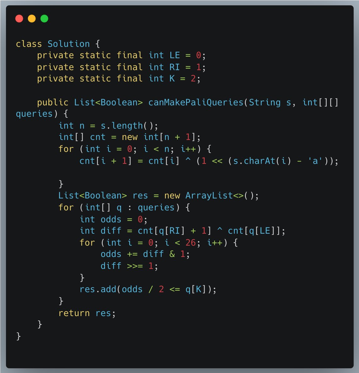 Yu08516687's tweet photo. #leetcode #100daysofcoding #LearningBySharing
1177. Can Make Palindrome from Substring
Solution 1: Prefix Sum
Solution 2: Bit Manipulation
https://t.co/ssk0bup7jl https://t.co/Zs0M2V1OCY