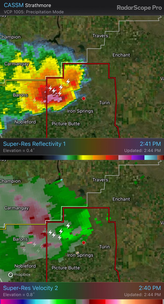 Tornado Warning issued for Iron Springs confirmed tornado on the ground take cover CASSM - Super-Res Reflectivity 1 2:41 PM Super-Res Velocity 2 2:40 PM #ABStorm