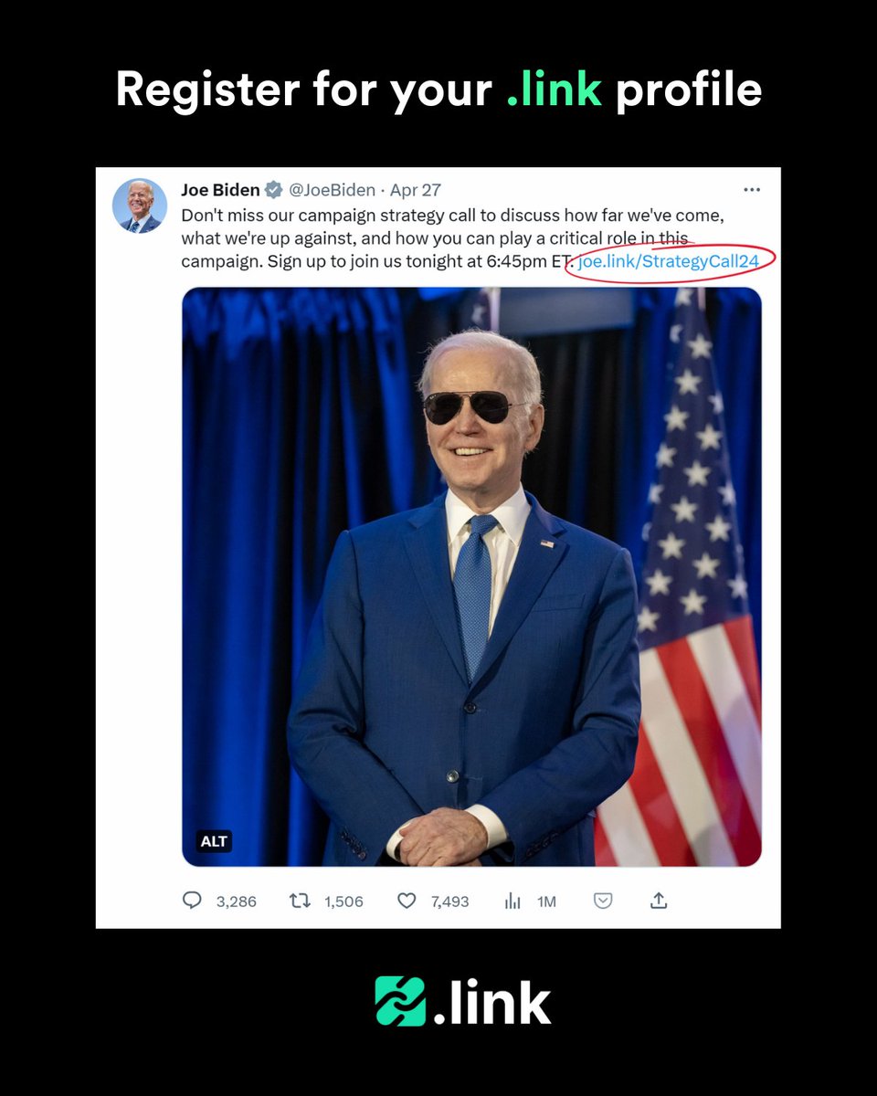 ⭐️ .link User Spotlight: President <a href="/JoeBiden/">Joe Biden</a>

Want a branded link for your own profile or campaign? Register through our amazing partners here: nova.link/registrars/ 

#BrandedLink #ContentMarketing