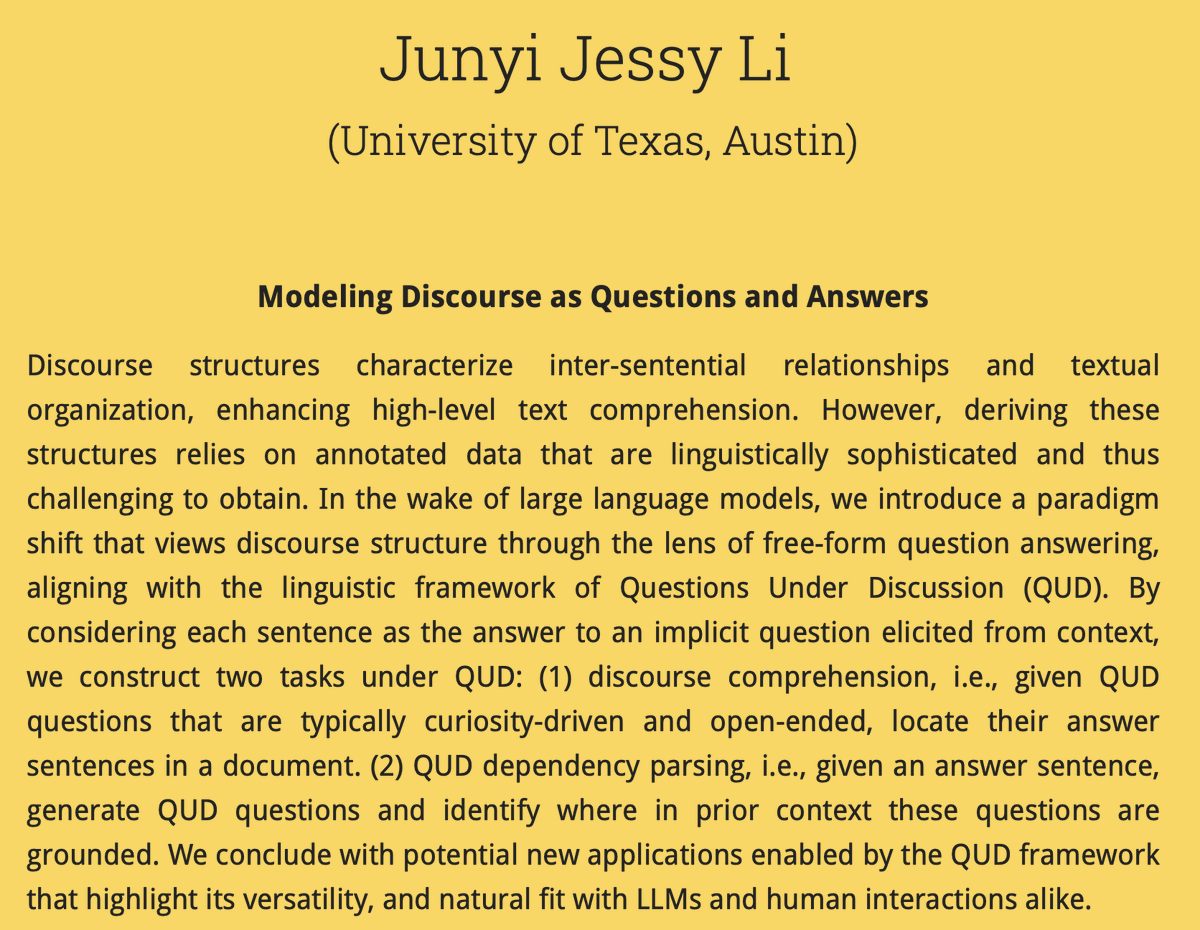 jessyjli's tweet photo. 🤩 Super excited and honored to give an invited talk at *SEM @_starsem #starsem co-located with #ACL2023NLP about our work on discourse and QUD! https://t.co/DpCDuOWHKW https://t.co/Ao6QbIiMEU