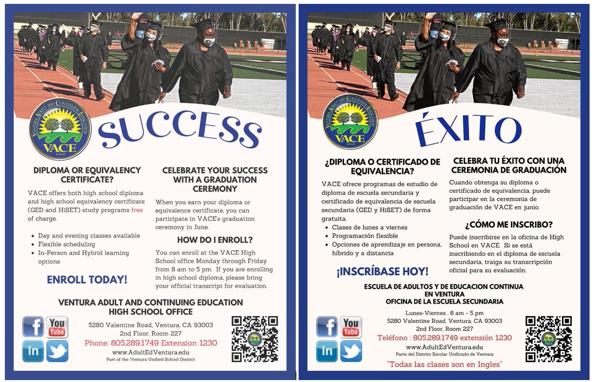 Are you an adult who still needs to finish high school? VACE can help you with that.  You can earn your high school diploma, GED® and HiSET® High School Equivalency (HSE) online or in-person. 
#vace805 #VACErocks #VUSDstrong #HighSchoolDiploma #GED #HiSET