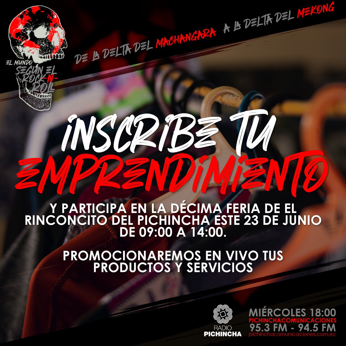 Participa en la 10ma feria de El Rinconcito de Pichincha. Este viernes 23 de junio, de 09:00 a 14:00, exhibe tus productos en nuestras instalaciones en <a href="/radio_pichincha/">Radio Pichincha</a>. Nuestros programas promocionarán tus productos o servicios.
¡Apúntate al 097 933 98 77, cupos limitados!