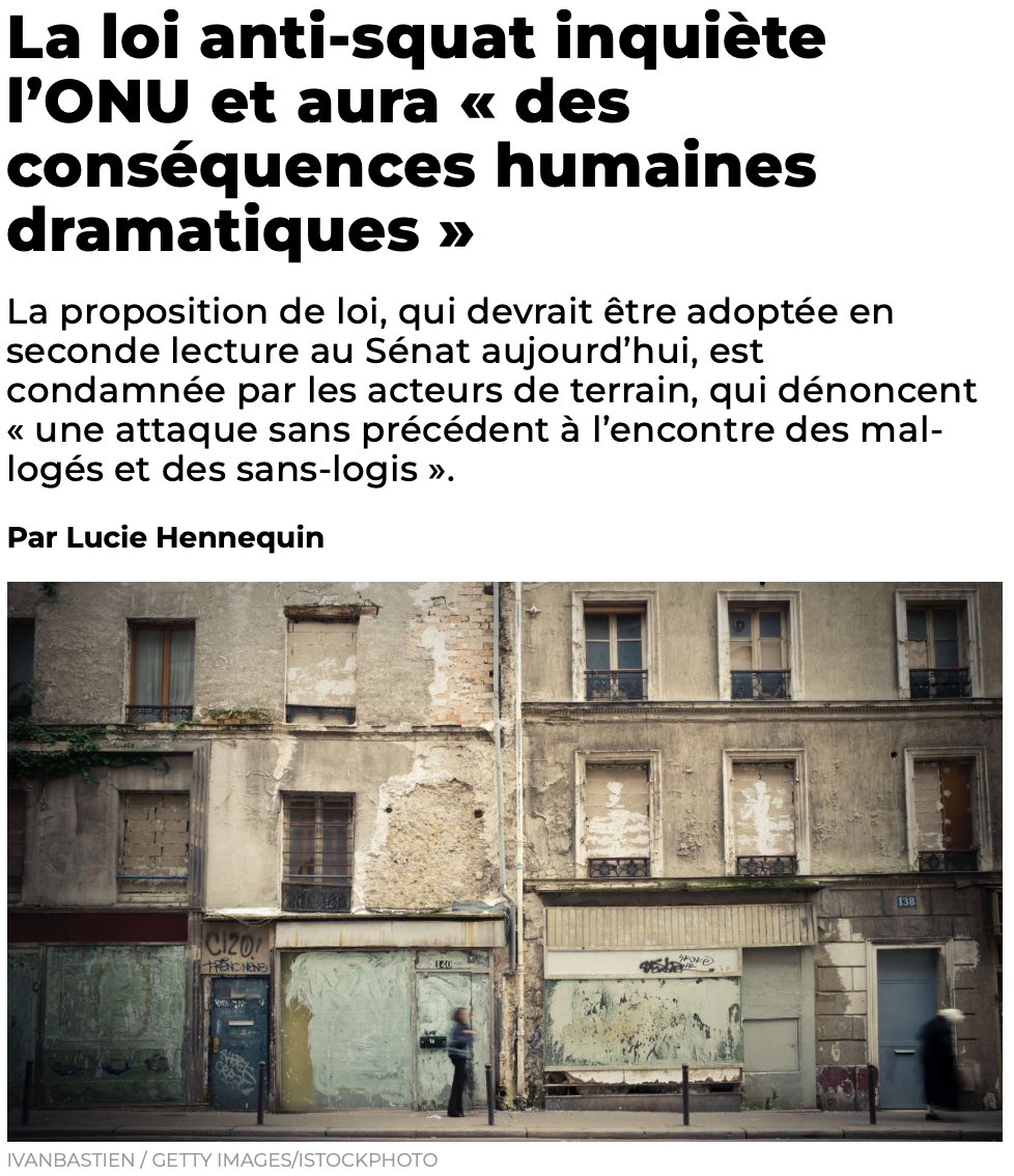 « Des conséquences humaines dramatiques » voilà les mots de l’ONU sur la loi anti #squat qui va jeter à la rue des personnes déjà si fragiles.

Agissons plutôt pour
👉 les 2M de demandeurs de logements sociaux
👉 les 5M de mal logés
👉 les 9M en dessous du seuil de pauvreté