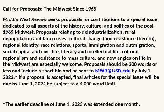 July 1 deadline: FYI 🚨 @MidWestMuseums @AFAM_Midwest @TheBlackMidwest @UNPjournals @amhistorymuseum @AHAhistorians @mnhs @ChicagoMuseum @AASLH @MIHistoryCenter @OhioHistory @IndianaHistory @INHumanities @HNet_Humanities @mihumanities @humanitiesks @UChicagoHum @humanitiesiowa