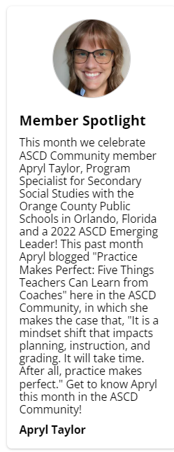 Get to know @AprylTaylorOCPS our June Spotlight Member in the ASCD Community and a member of our 2022 #ASCDEmergingLeaders ! ascdcommunity.ascd.org @ASCD @ASCDcommunities @EduGladiators #edchat #edutwitter #edreform #edleadership #edtech #teachertwitter #K12 #highered