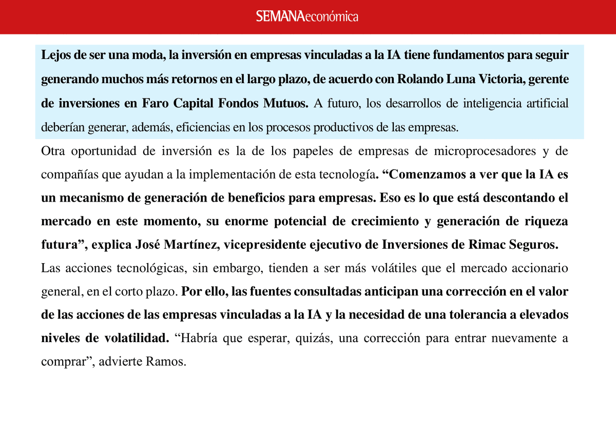 Rolando Luna Victoria, Gerente de Inversiones de Faro Capital, nos comenta en Semana Económica acerca de la oportunidad de #inversión que existe en las empresas vinculadas a la #IA.

📍Link de la nota: lnkd.in/etgAXM5T