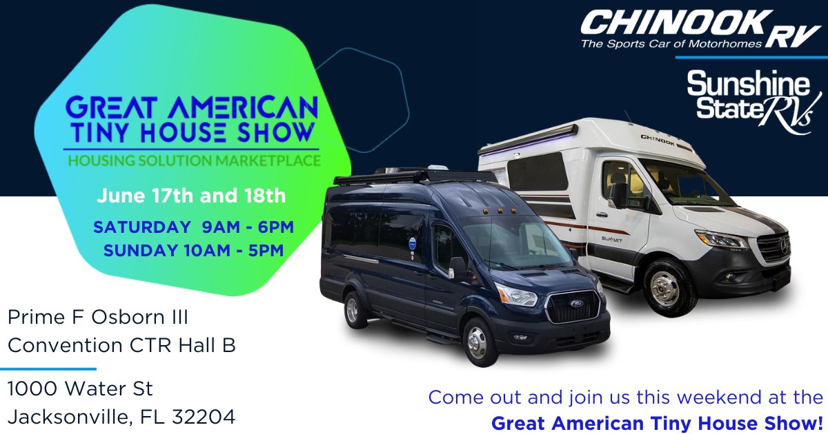 Join Sunshine State RVs and Chinook this weekend at the Great American Tiny House Show in Jacksonville, FL!

Learn More:
conta.cc/43HrIGm
conta.cc/3Jc1IdW