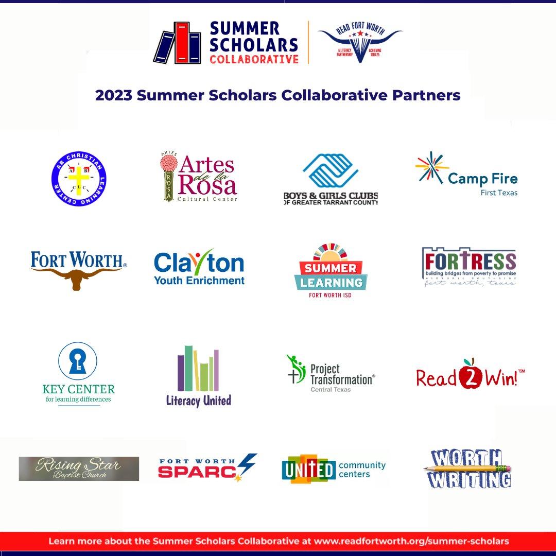 Thank you to the 16 community partners participating in this year's Summer Scholars Collaborative. Each program is committeed to following best practices in summer learning and supporting students' reading performance. For more information, visit readfortworth.org/summer-scholar…