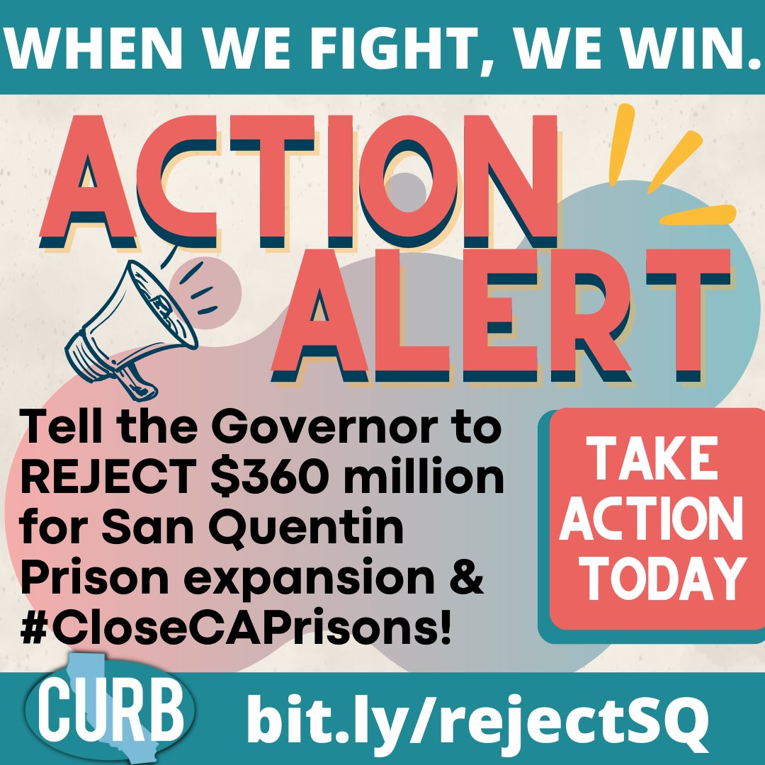 Urge @cagovernor @gavinnewsom to REJECT the $360.6 Million funding request for the San Quentin 'Rehabilitation Center' & move forward with at least 5 more prison closures by 2027. 

☎️Call & 📩email the Governor with @CURBprisons toolkit: bit.ly/rejectSQ

#CloseCAPrisons