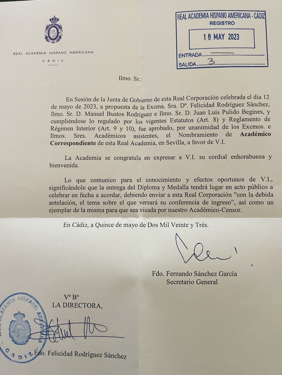 Desde la mágica Cádiz llegó la carta anunciando mi nombramiento como Académica Correspondiente de la Real Academia Hispano Americana de Cádiz. Voy a comprar una botella de vino para brindar por eso y por el gran José María Pando, de quien versará mi conferencia de ingreso. Feliz!