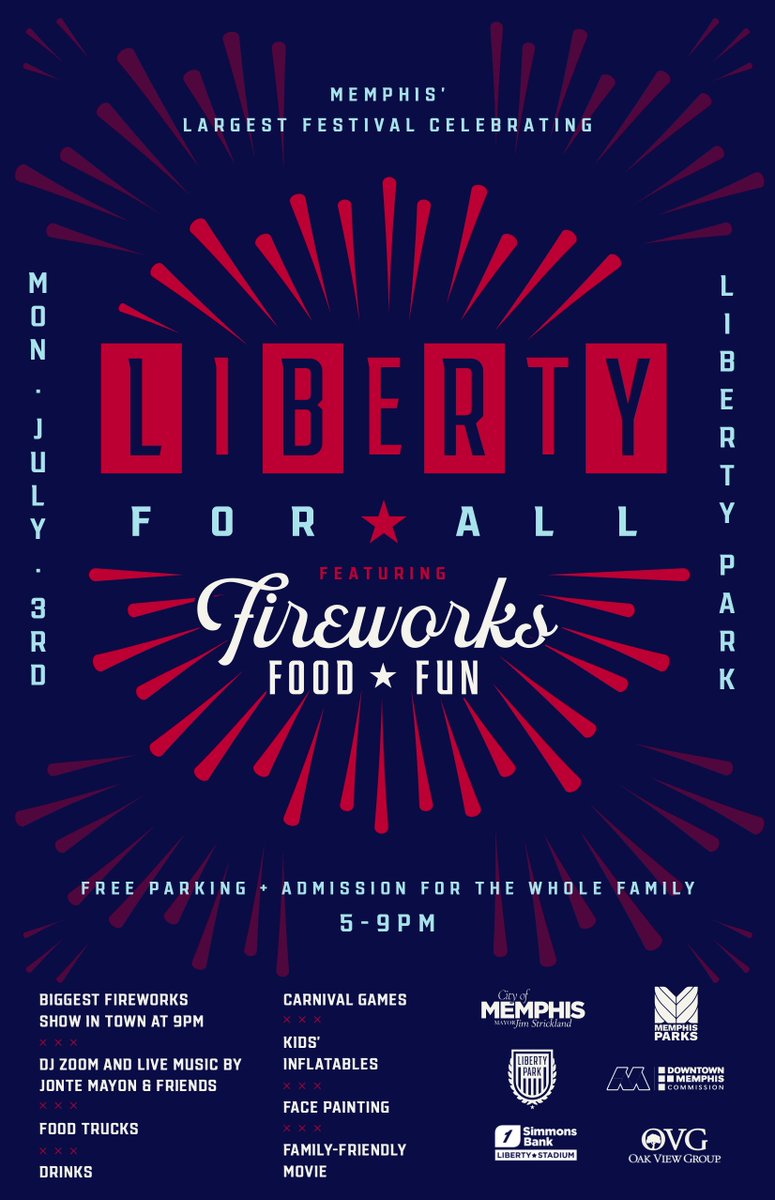 At 9 p.m., the biggest fireworks show in town will end the evening.

Free admission and free parking. Alcoholic beverages are prohibited.

This event is in collaboration with the <a href="/DowntownMemphis/">Downtown Memphis</a> Commission and the Oakview Group 360 at <a href="/SBLibertyStad/">Simmons Bank Liberty Stadium</a>.