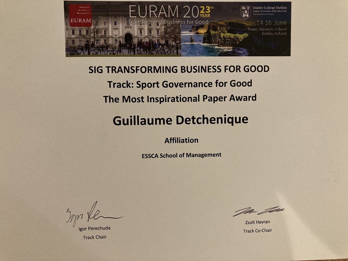 gdetchenique's tweet photo. Very honored to receive  « The Most Inspirational Paper Award » of the track « Sport Governance for Good » at the @EURAM_BXL annual conference. Thanks to @IgorPerechuda and Zsolt Havran!
@ESSCA_Ecole https://t.co/UESoGad8v9