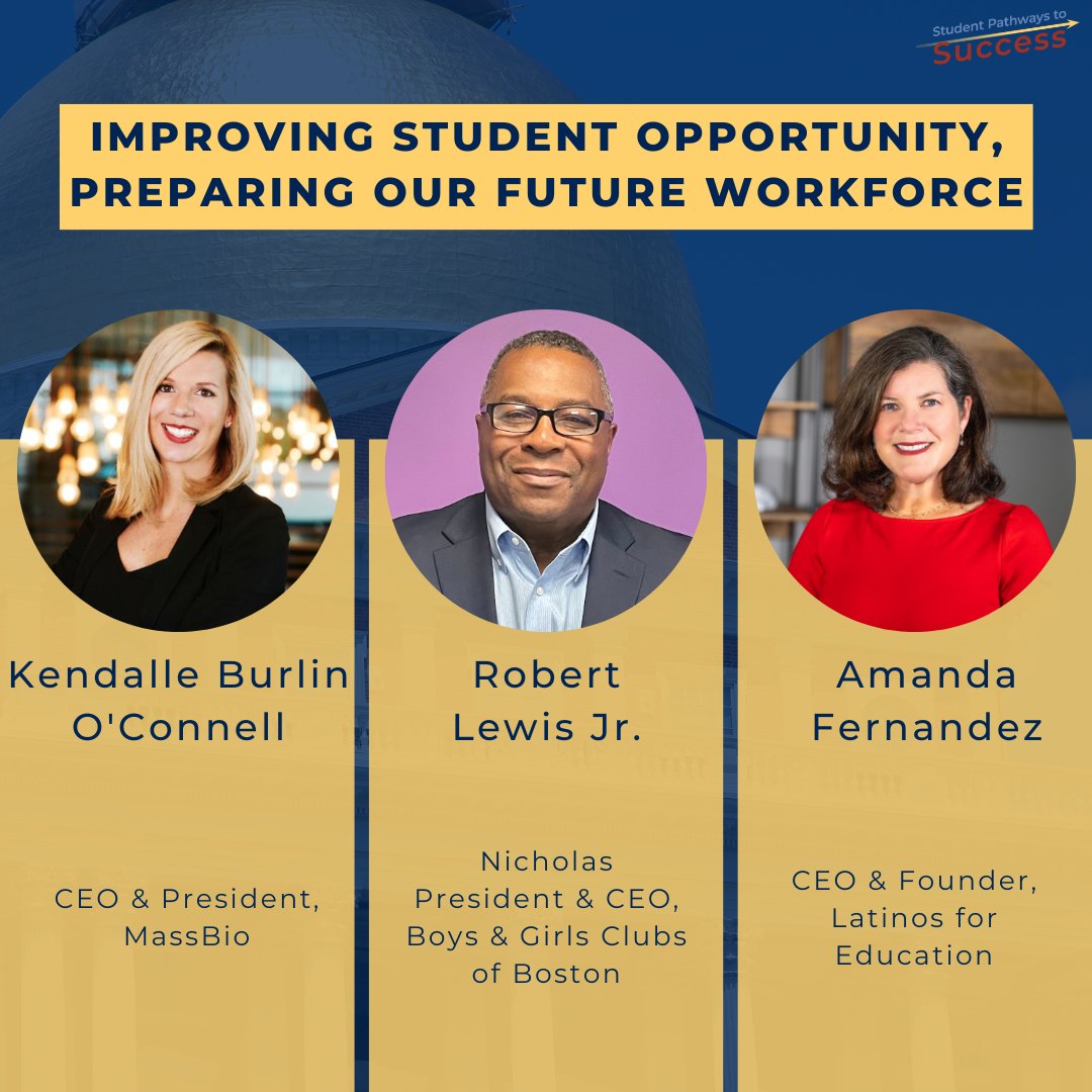 MBAENews's tweet photo. At our legislative briefing tomorrow, #StudentPathwaystoSuccess members @AmanFernan24 of @Latinos4Ed, @RobertLewisJr13 of @bgcboston & @KendalleOC of @MassBio will discuss expanding access to economic opportunity & promoting a more equitable Commonwealth. #maedu https://t.co/XoVuBfQqaK