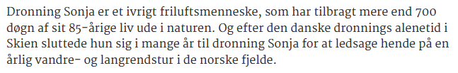 solien's tweet photo. Det norske kongeparet skal besøke sin danske kollega. I den anledning hiver Berlingske ut en skremmende, tilsynelatende simpelthen åpenbar påstand om Sonjas friluftsvaner. https://t.co/2hODXo6PE4